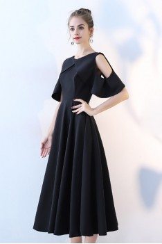 Tea Length Aline Black Party Dress with Cold Shoulder - BLS86027