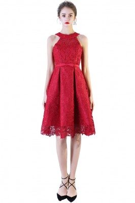 Burgundy Red Lace Short Homecoming Dress Halter Neck - BLS86004