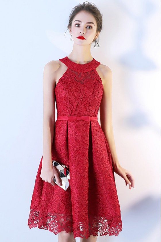 Burgundy Red Lace Short Homecoming Dress Halter Neck - $75.9 #BLS86004 ...