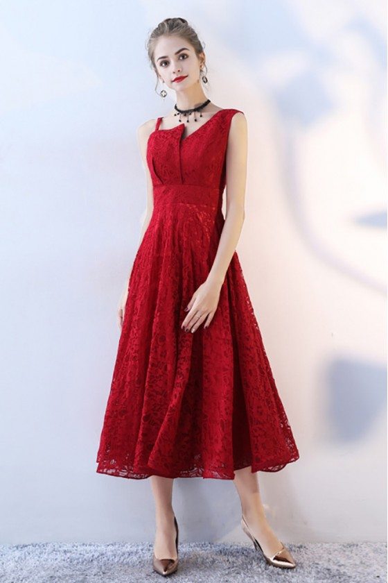 Red Tea Length Lace Party Dress Sleeveless - BLS86047