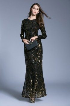 Sparkly Black Sequins Sheath Long Evening Dress