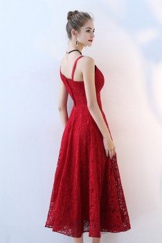 Red Tea Length Lace Party Dress Sleeveless - BLS86047
