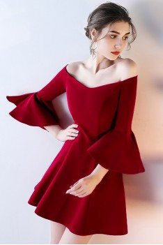 Short Off Shoulder Homecoming Dress Flare with Bell Sleeves - HTX86097