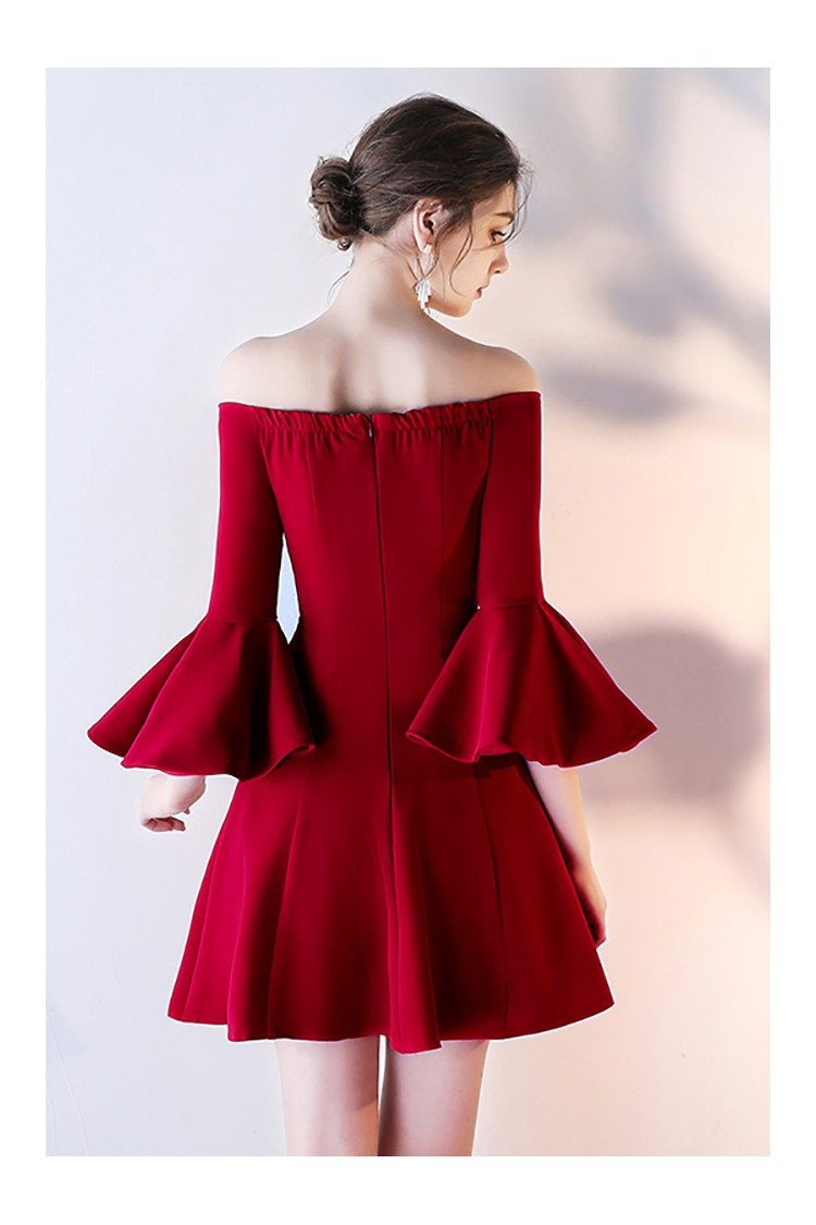 Short Off Shoulder Homecoming Dress Flare with Bell Sleeves