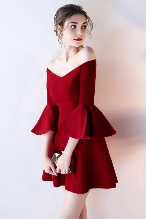 Short Off Shoulder Homecoming Dress Flare with Bell Sleeves