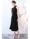 Elegant Tea Length Black Party Dress Halter with Sash - HTX86078