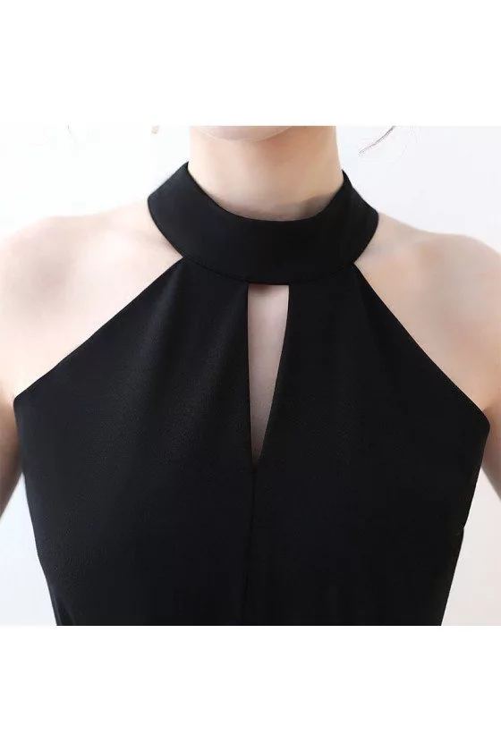 Elegant Tea Length Black Party Dress Halter with Sash 73.7 HTX86078