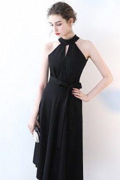 Elegant Tea Length Black Party Dress Halter with Sash - HTX86078