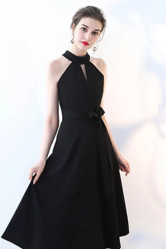 Elegant Tea Length Black Party Dress Halter with Sash - $73.7 #HTX86078 ...