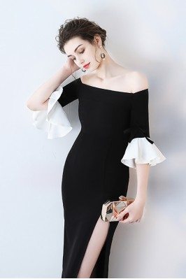 Black Off Shoulder Side Slit Party Dress with Bell Sleeves - HTX86046