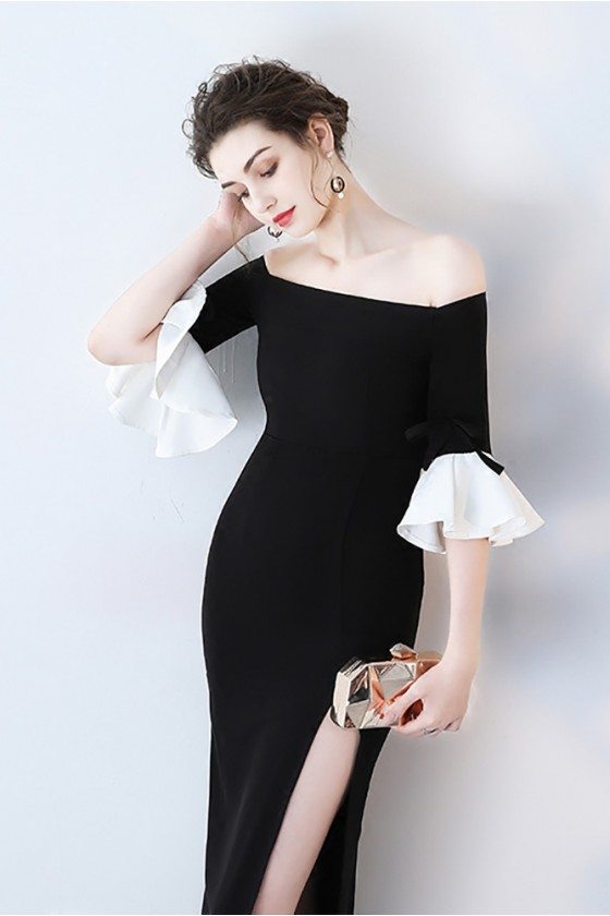 Black Off Shoulder Side Slit Party Dress with Bell Sleeves - $73.7 # ...