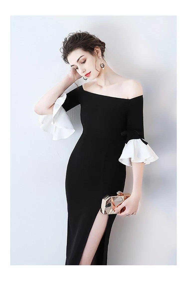 Black Off Shoulder Side Slit Party Dress with Bell Sleeves - $73.7 # ...