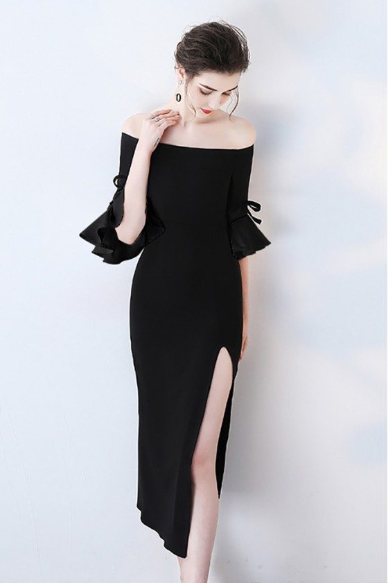 Black Off Shoulder Side Slit Party Dress with Bell Sleeves - $73.7 # ...