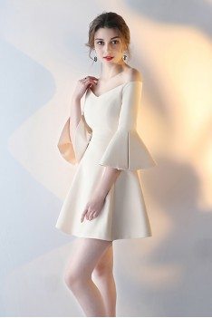 Off Shoulder Short Champagne Party Dress with Bell Sleeves - HTX86107