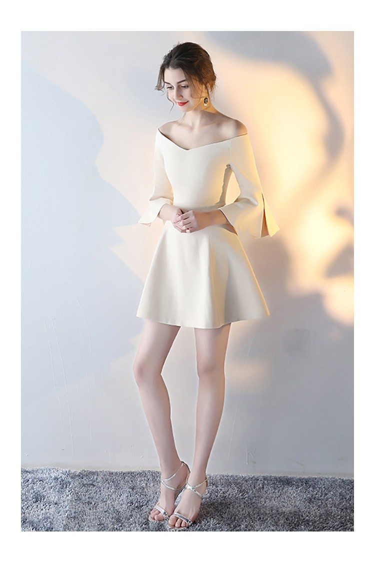 Off Shoulder Short Champagne Party Dress with Bell Sleeves