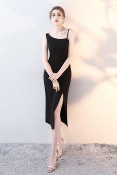 Sexy Black Side Slit Slim Party Dress with Straps - HTX86053
