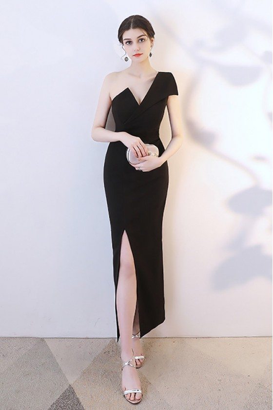 Sexy Black Mermaid Side Slit Party Dress One Shoulder - HTX86038