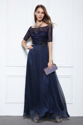 Chiffon Lace Half Sleeve Long Prom Dress