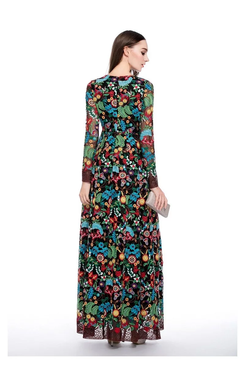 High-end Designer Colorful Embroidery Long Sleeve Dress - $168 #CK552 ...