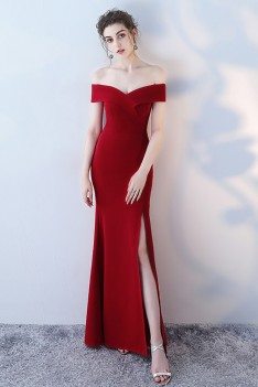 Burgundy Off Shoulder Mermaid Formal Dress with Side Slit - HTX86048