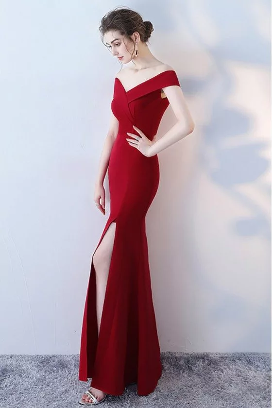 Burgundy Off Shoulder Mermaid Formal Dress with Side Slit - $78.9768 # ...