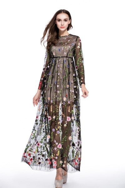 See-through Embroidery Long Sleeve Dress