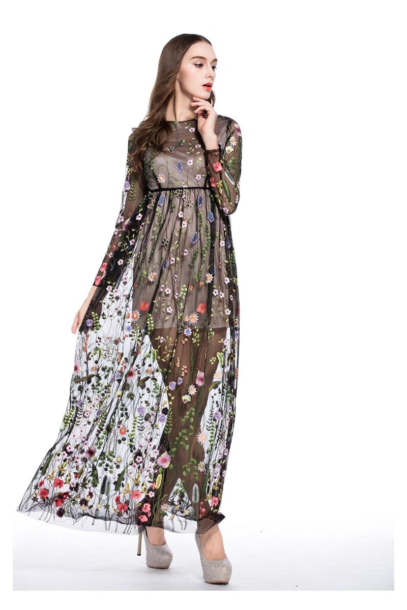 See-through Embroidery Long Sleeve Dress - $92 #CK549 - SheProm.com
