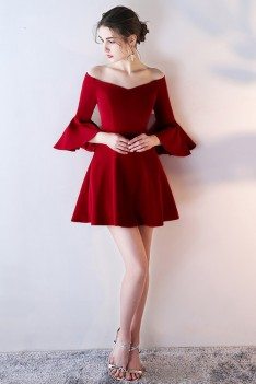 Burgundy Off Shoulder Short Homecoming Dress with Bell Sleeves - HTX86016