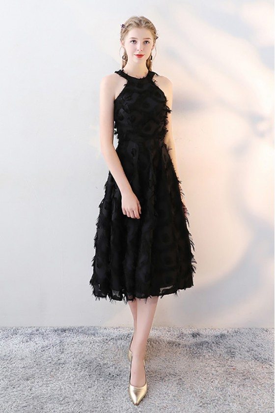 Black Halter Tea Length Party Dress with Feathers 76 HTX86093