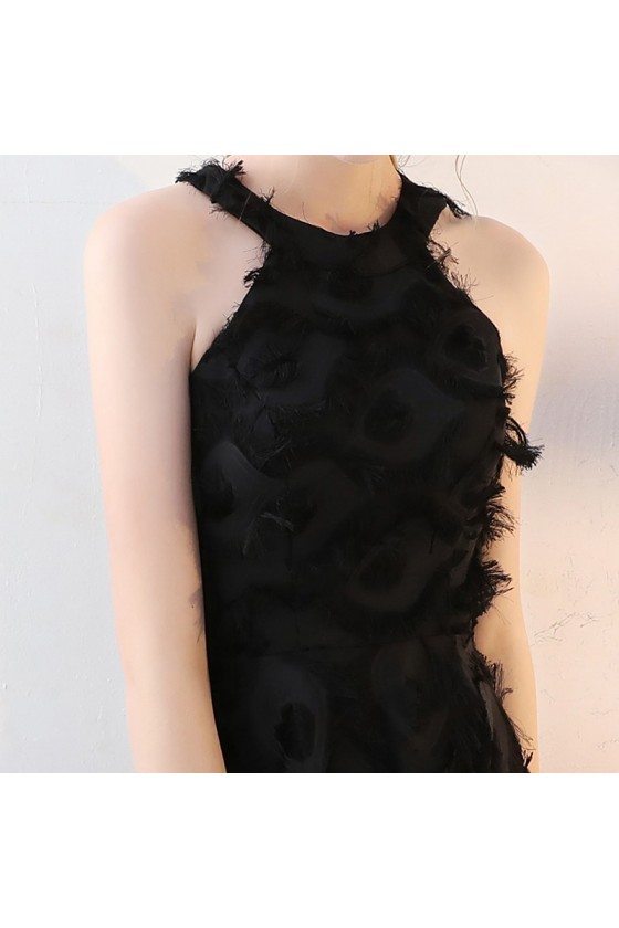 Black Halter Tea Length Party Dress with Feathers 76 HTX86093