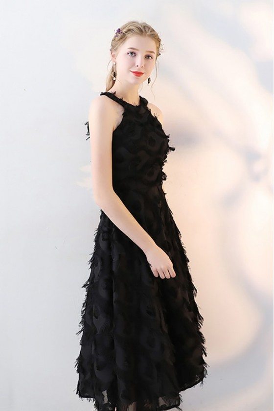 Black Halter Tea Length Party Dress with Feathers 76 HTX86093