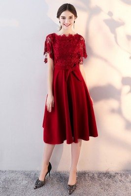 Lace Sleeve Tea Length Party Dress with Sleeves - HTX86052