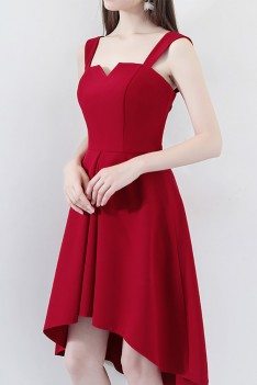 Burgundy High Low Simple Party Dress with Straps - HTX86118