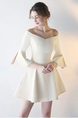 Champagne Flare Short Homecoming Dress with Off Shoulder Bell Sleeves - HTX86061