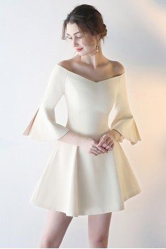 Champagne Flare Short Homecoming Dress with Off Shoulder Bell Sleeves - HTX86061