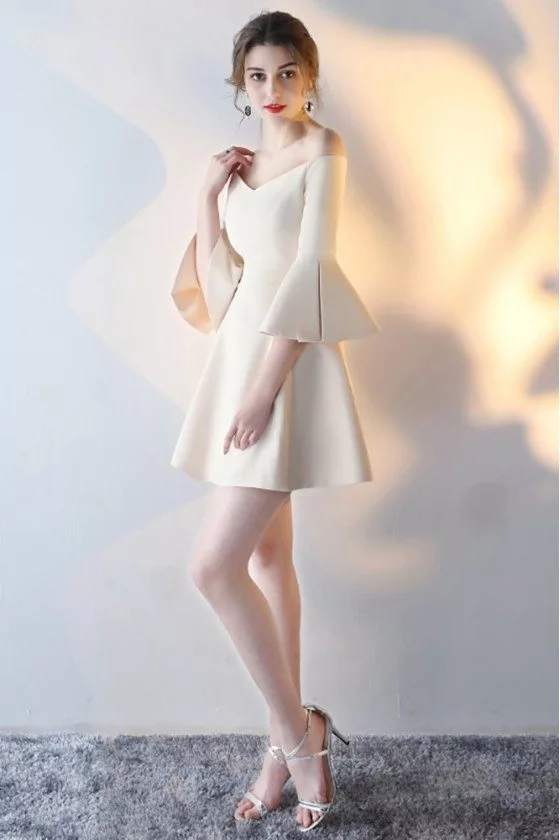 Champagne Flare Short Homecoming Dress with Off Shoulder Bell