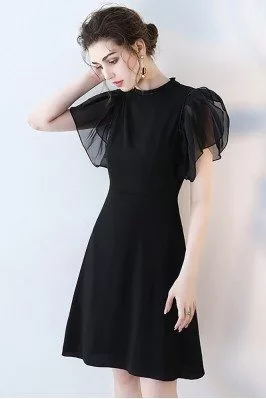 Chic Black Short Formal Party Dress with Puffy Sleeves - HTX86012
