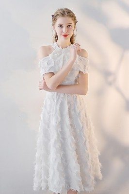 White Tea Length Feathers Party Dress with Cold Shoulder - HTX86023