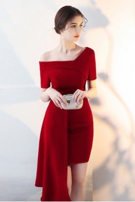 Burgundy Sheath Cocktail Party Dress with Asymmetrical Design - HTX86055