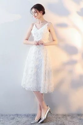 White Lace Feather Tea Length Party Dress with Straps - HTX86003