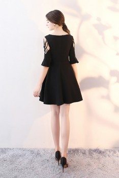 Short Black Homecoming Dress Flare Aline with Sleeves - HTX86031