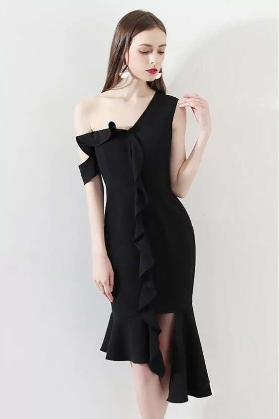 Sexy One Shoulder Black Mermaid Formal Party Dress with Ruffles - $67 # ...