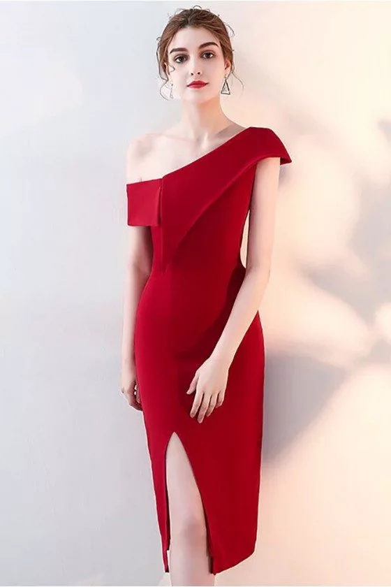 Sheath One Shoulder Burgundy Red Party Dress with Side Slit - $73.7 # ...