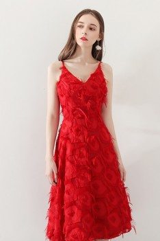 Red Knee Length Party Dress Vneck Unique Feathers with Straps - HTX86111