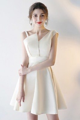 Champagne Short Satin Party Dress with Asymmetrical Straps - HTX86083