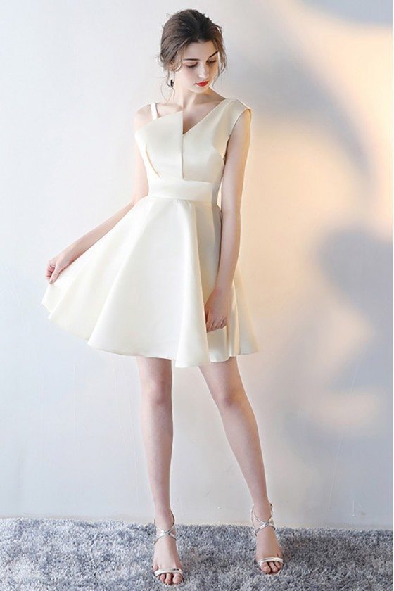 Champagne Short Satin Party Dress with Asymmetrical Straps - $59.4 # ...