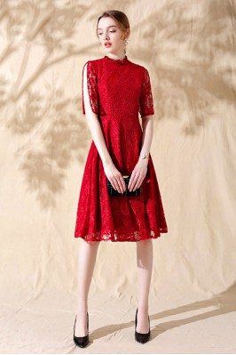 Red Lace Short Aline Formal Party Dress with Lace Sleeves - HTX86066