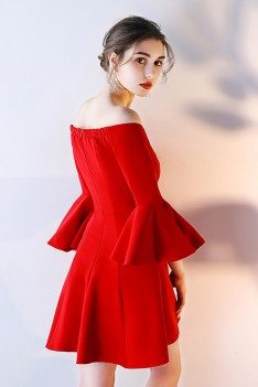 Red Off Shoulder Short Homecoming Dress with Sleeves - HTX86114