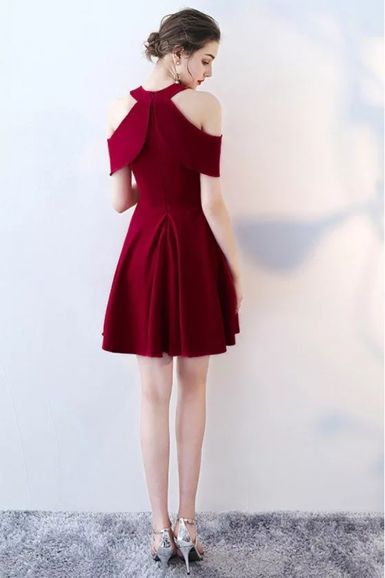 Burgundy Halter Short Homecoming Dress with Flounce - $62.9784 #HTX86063 -  SheProm.com