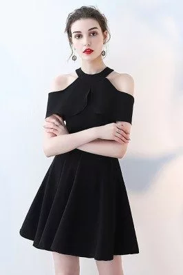 Black Aline Short Halter Homecoming Dress with Cold Shoulder - HTX86009